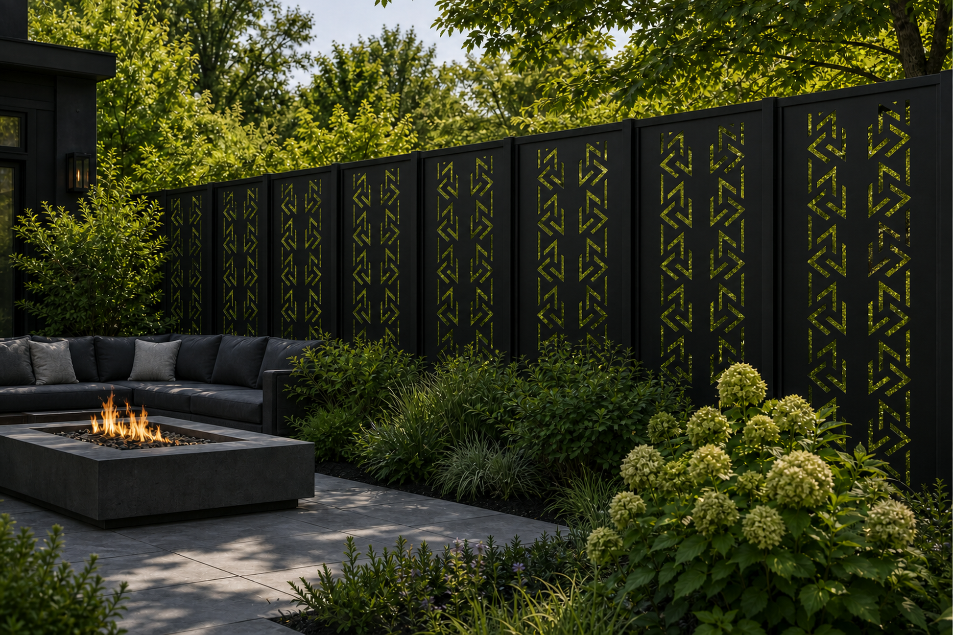 Design 004 Chevron Arrow Laser Cut Metal Privacy Screen Panel installed garden daylight view