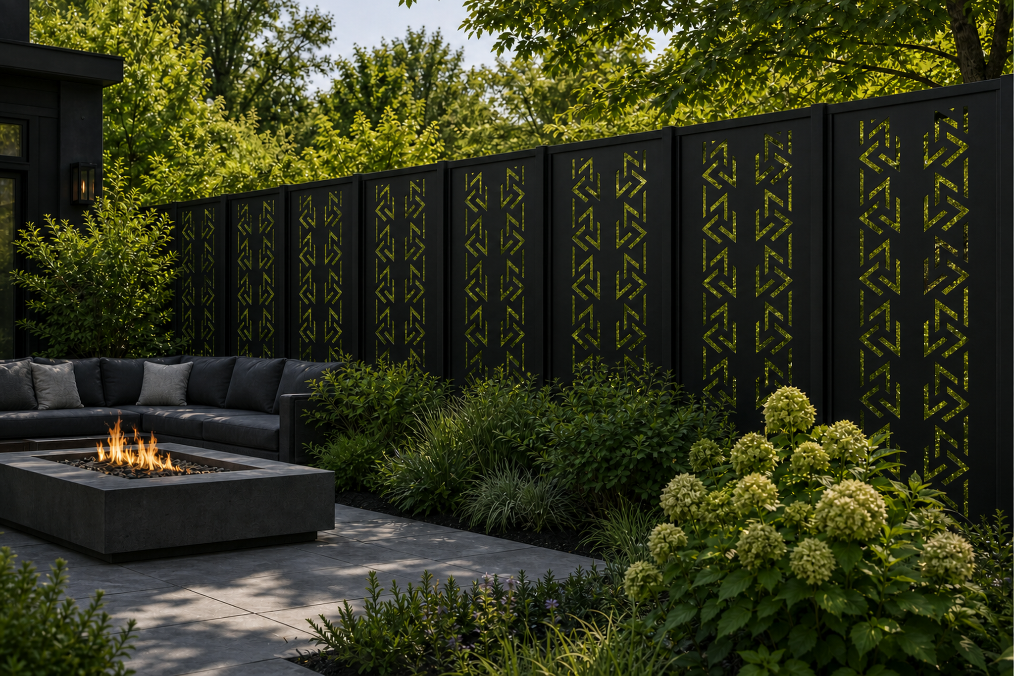 Design 004 Chevron Arrow Laser Cut Metal Privacy Screen Panel installed garden daylight view