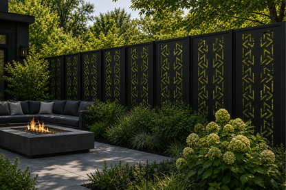 Design 004 Chevron Arrow Laser Cut Metal Privacy Screen Panel installed garden daylight view