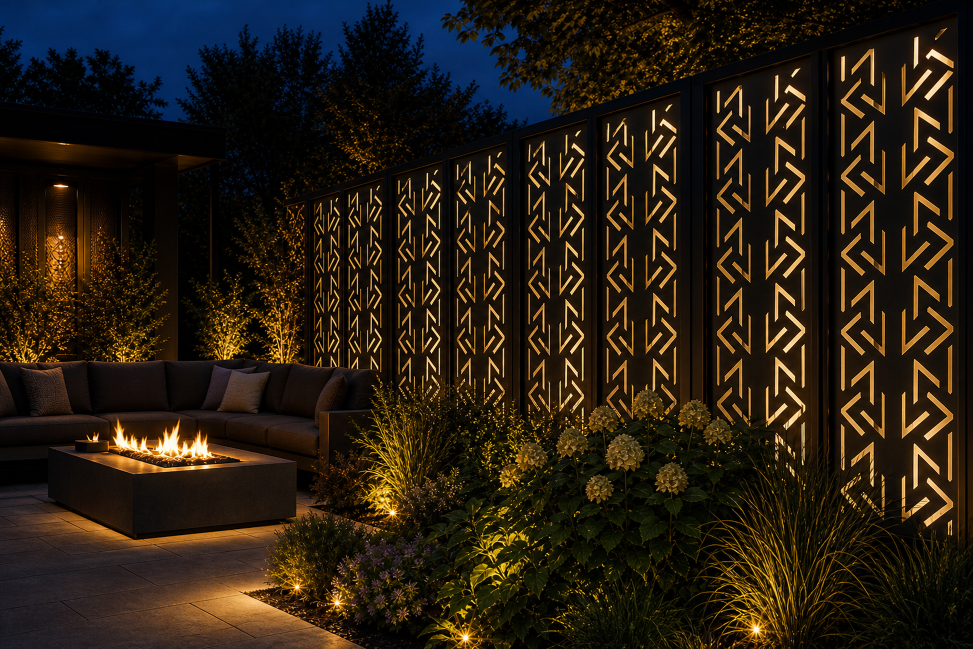 Design 004 Chevron Arrow Laser Cut Metal Privacy Screen Panel installed garden night lighting view