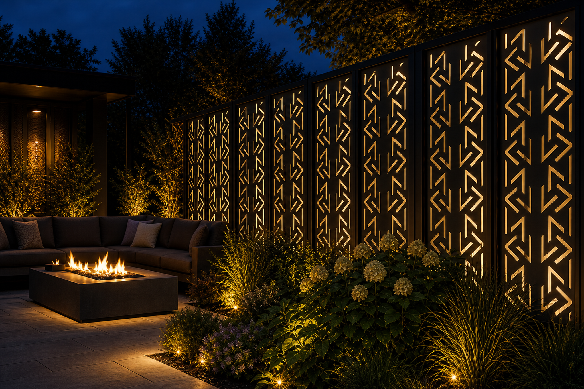 Design 004 Chevron Arrow Laser Cut Metal Privacy Screen Panel installed garden night lighting view