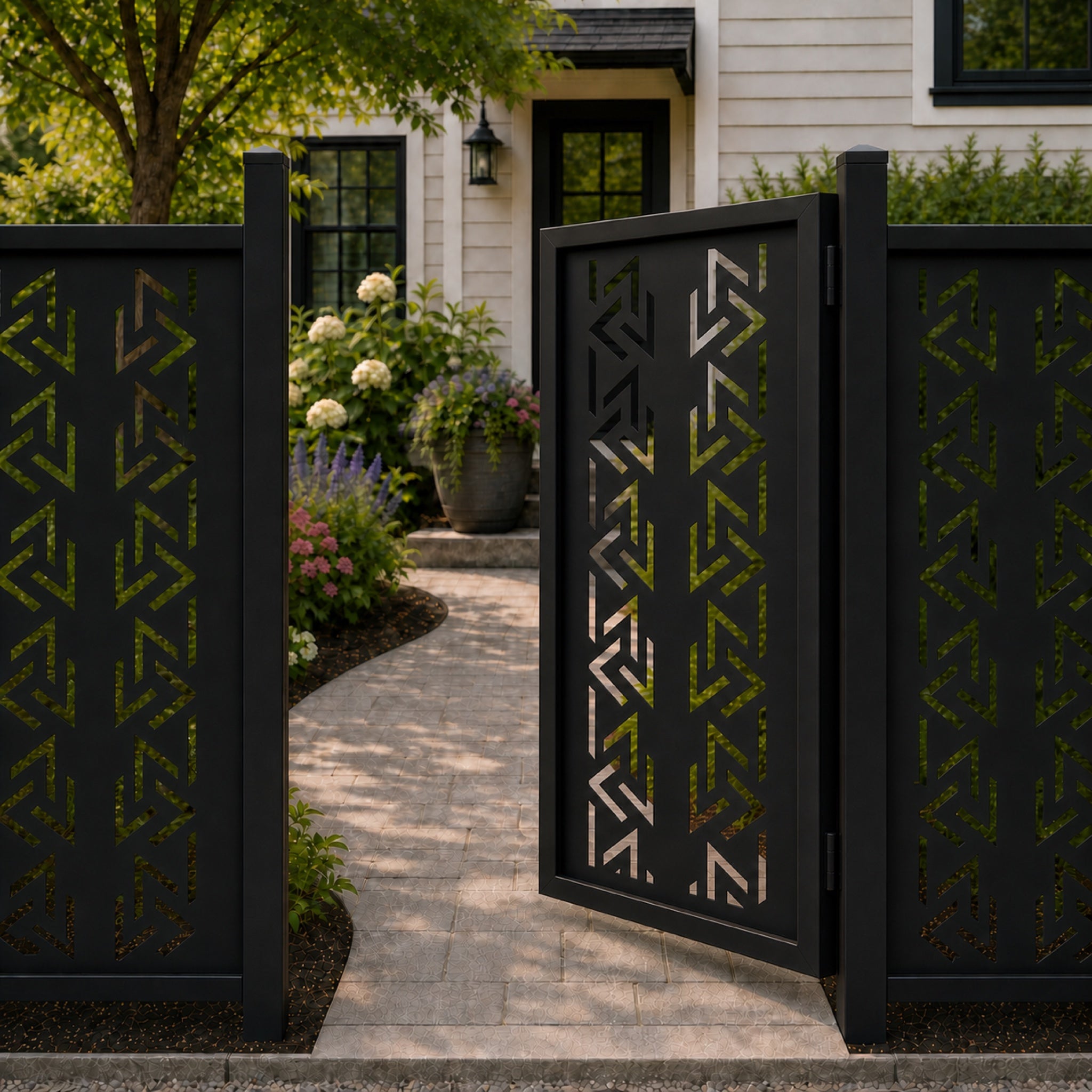 Design 004 double row geometric arrow black aluminium side gate open view