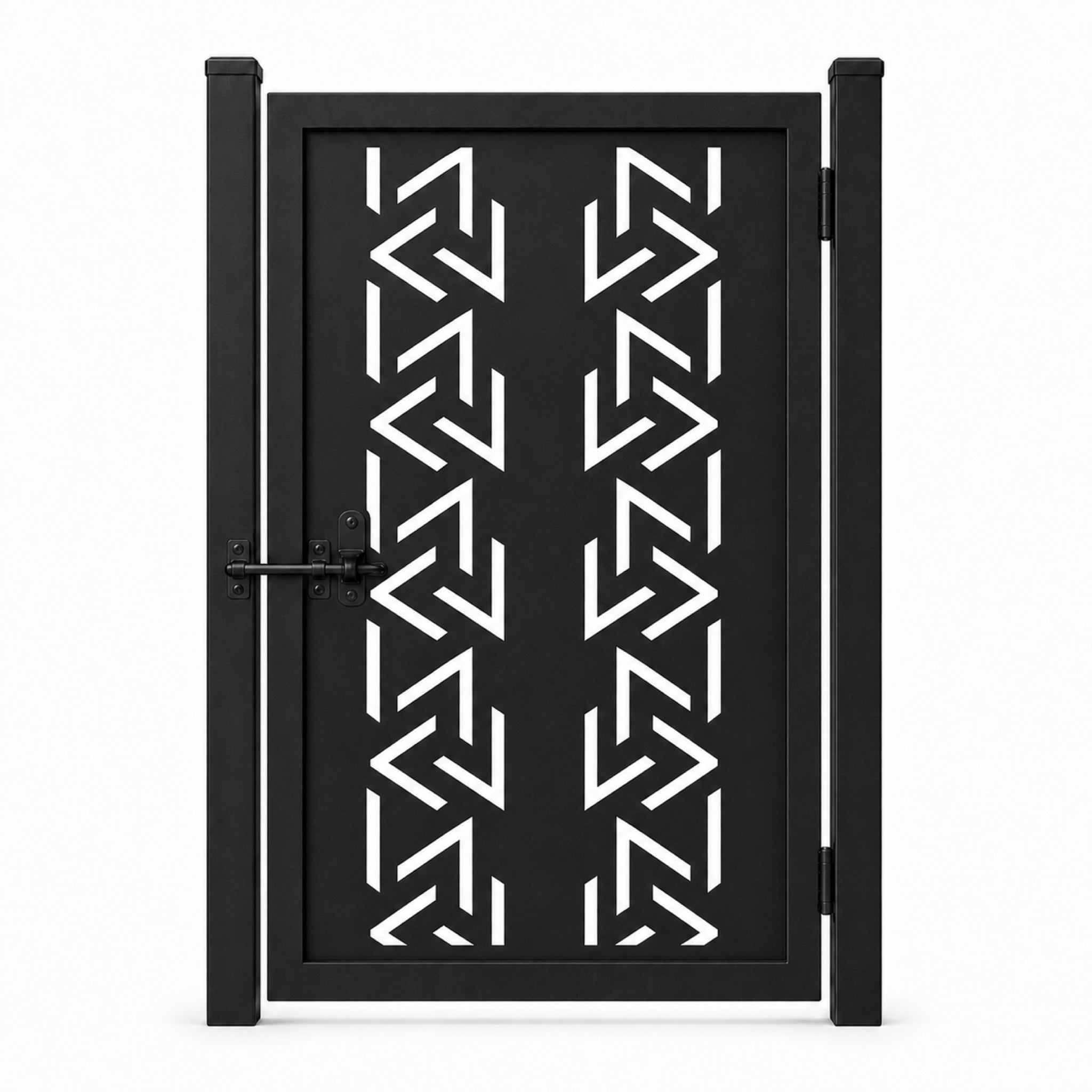 Design 004 double row geometric arrow black laser cut metal pedestrian gate closed view