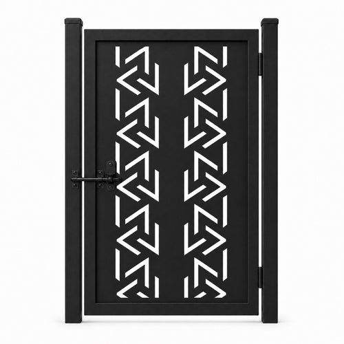 Design 004 double row geometric arrow black laser cut metal pedestrian gate closed view