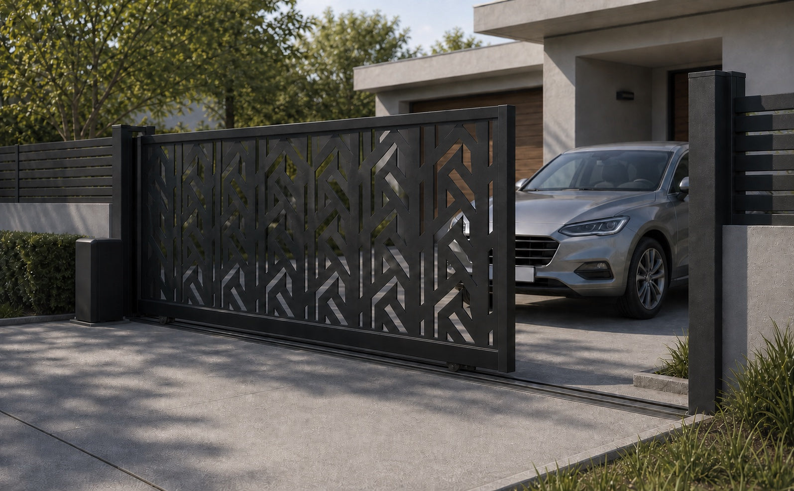 Design 004 modern privacy automatic aluminium sliding driveway gate shown half open with car clearance