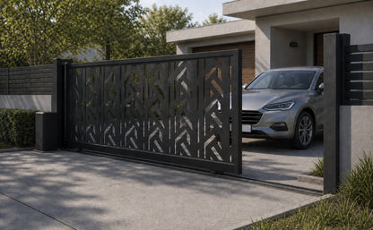 Design 004 modern privacy automatic aluminium sliding driveway gate shown half open with car clearance