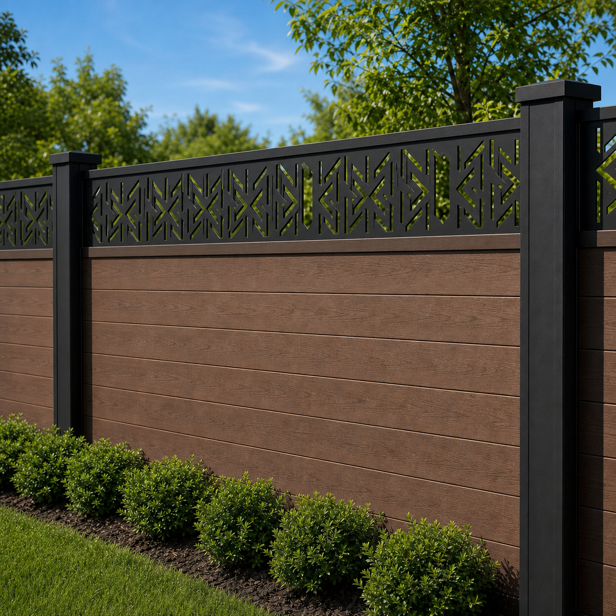 Zigzag Arrow Band laser cut fence extension panel installed on composite fence, angle view, Design 004