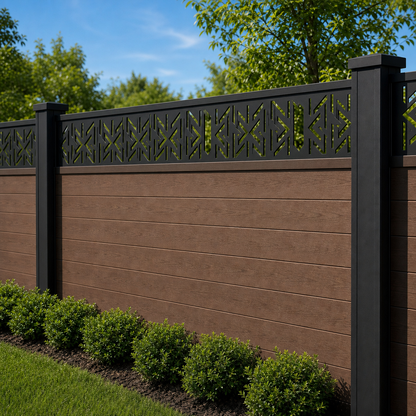 Zigzag Arrow Band laser cut fence extension panel installed on composite fence, angle view, Design 004