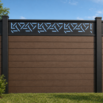Zigzag Arrow Band metal fence topper installed above WPC composite privacy fence, front view, Design 004