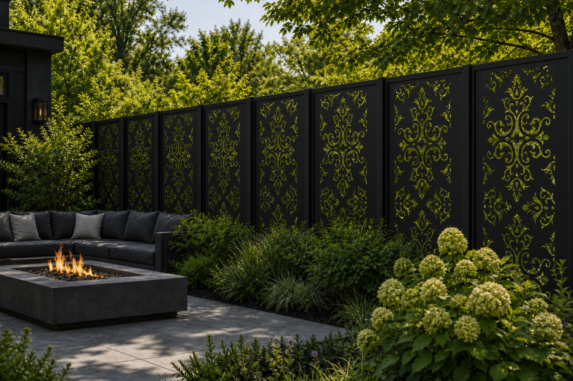 Design 005 Baroque Damask Laser Cut Metal Privacy Screen Panel installed garden daylight view