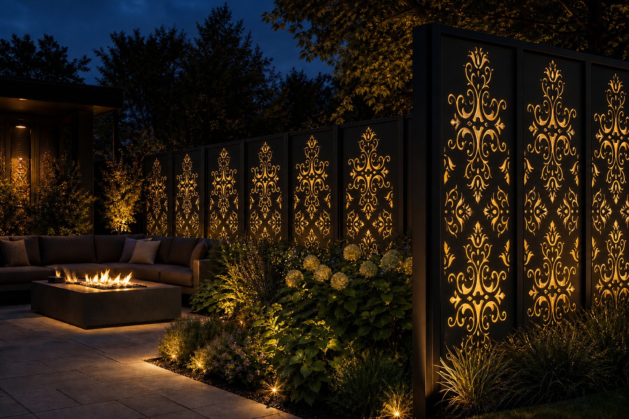 Design 005 Baroque Damask Laser Cut Metal Privacy Screen Panel installed garden night lighting view