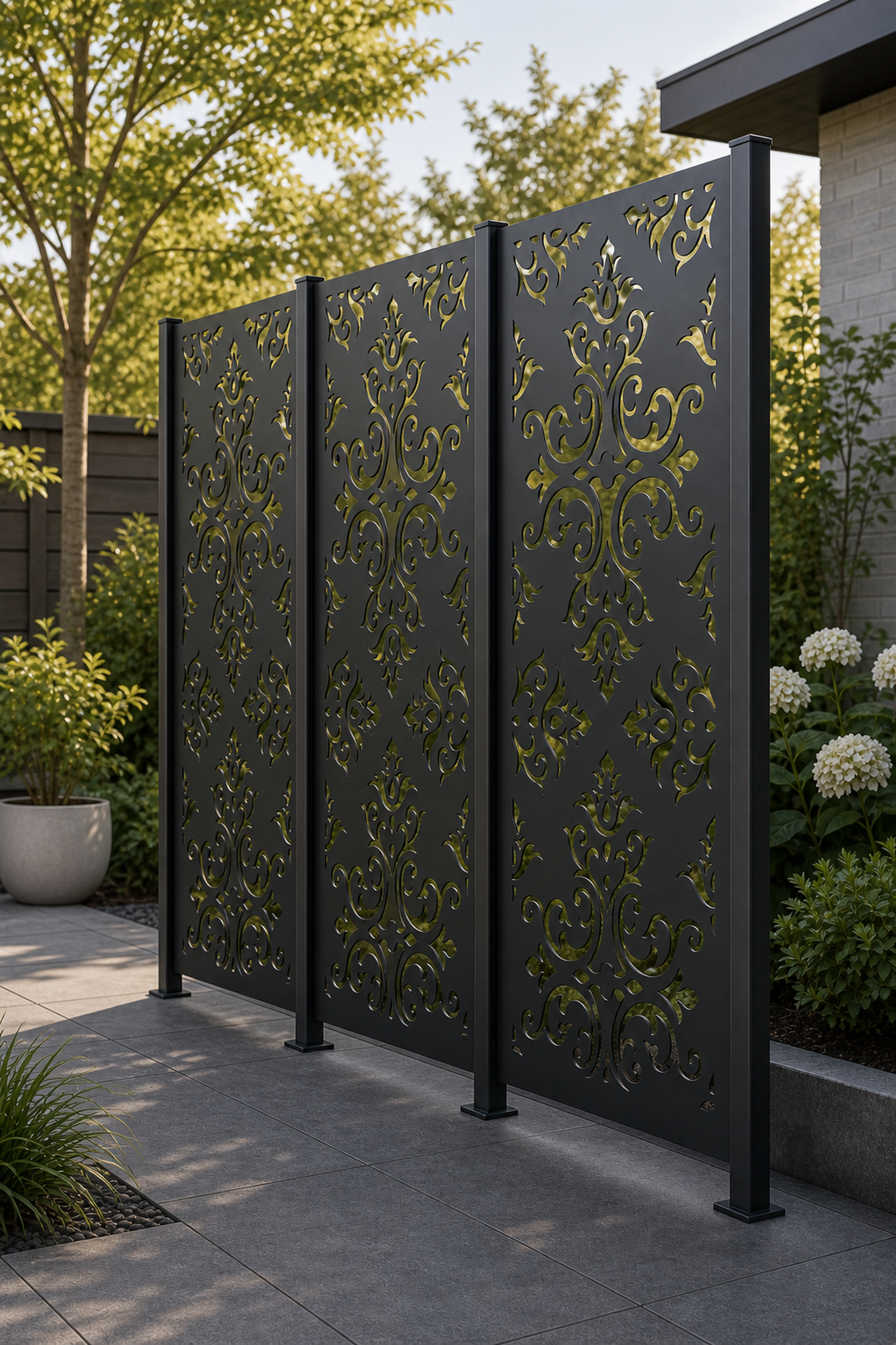 Design 005 Baroque Damask Laser Cut Metal Privacy Screen Panel oblique angle view