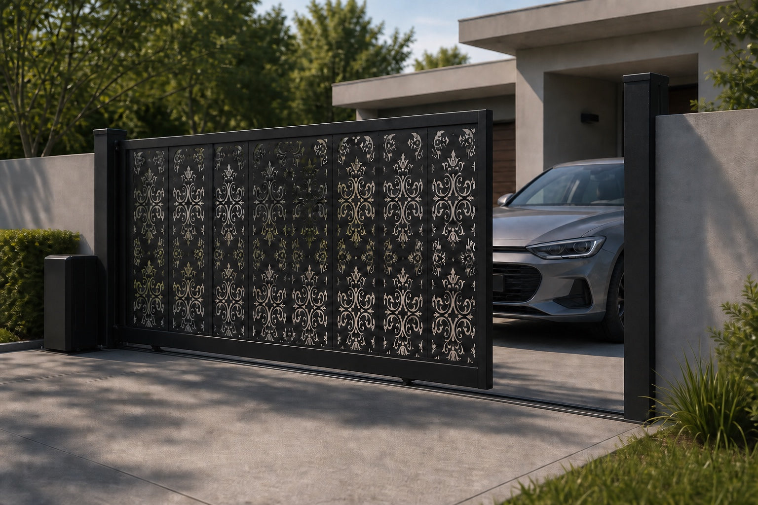 Design 005 decorative entry automatic aluminium sliding driveway gate shown half open with car clearance