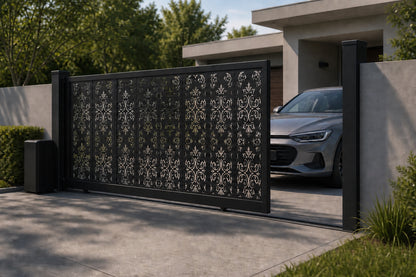 Design 005 decorative entry automatic aluminium sliding driveway gate shown half open with car clearance
