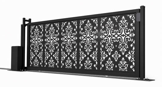 Design 005 decorative entry laser cut sliding driveway gate white background product render