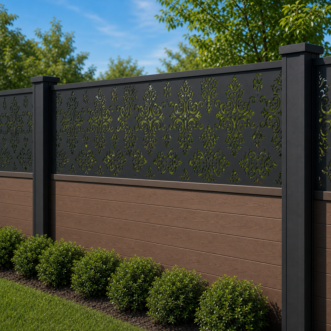 Diamond Filigree Mesh laser cut fence extension panel installed on composite fence, angle view, Design 005