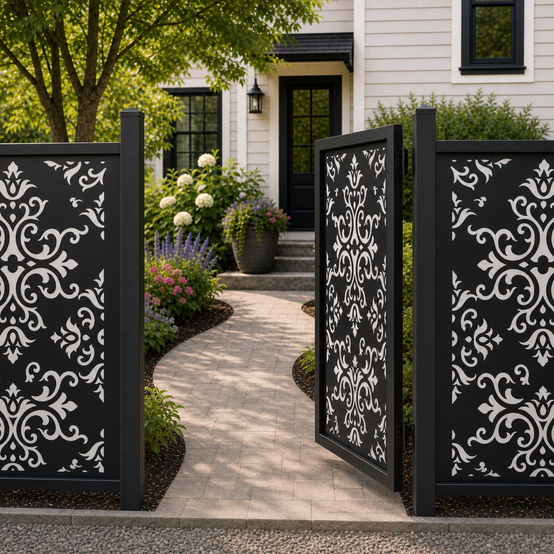 Design 005 european scrollwork black aluminium side gate open view