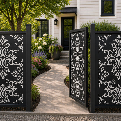 Design 005 european scrollwork black aluminium side gate open view