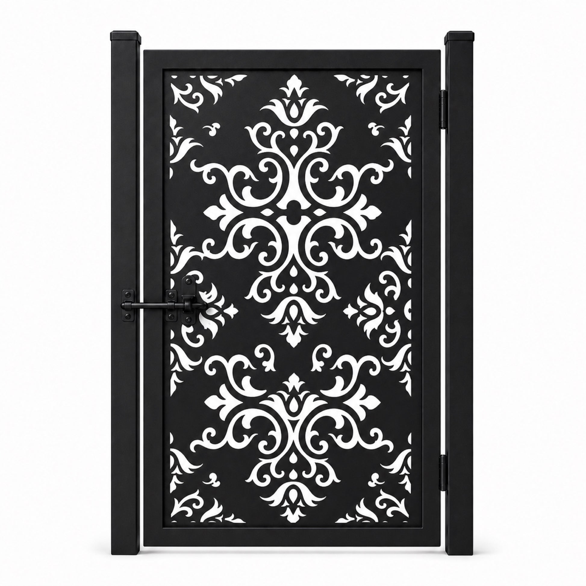 Design 005 european scrollwork black laser cut metal pedestrian gate closed view