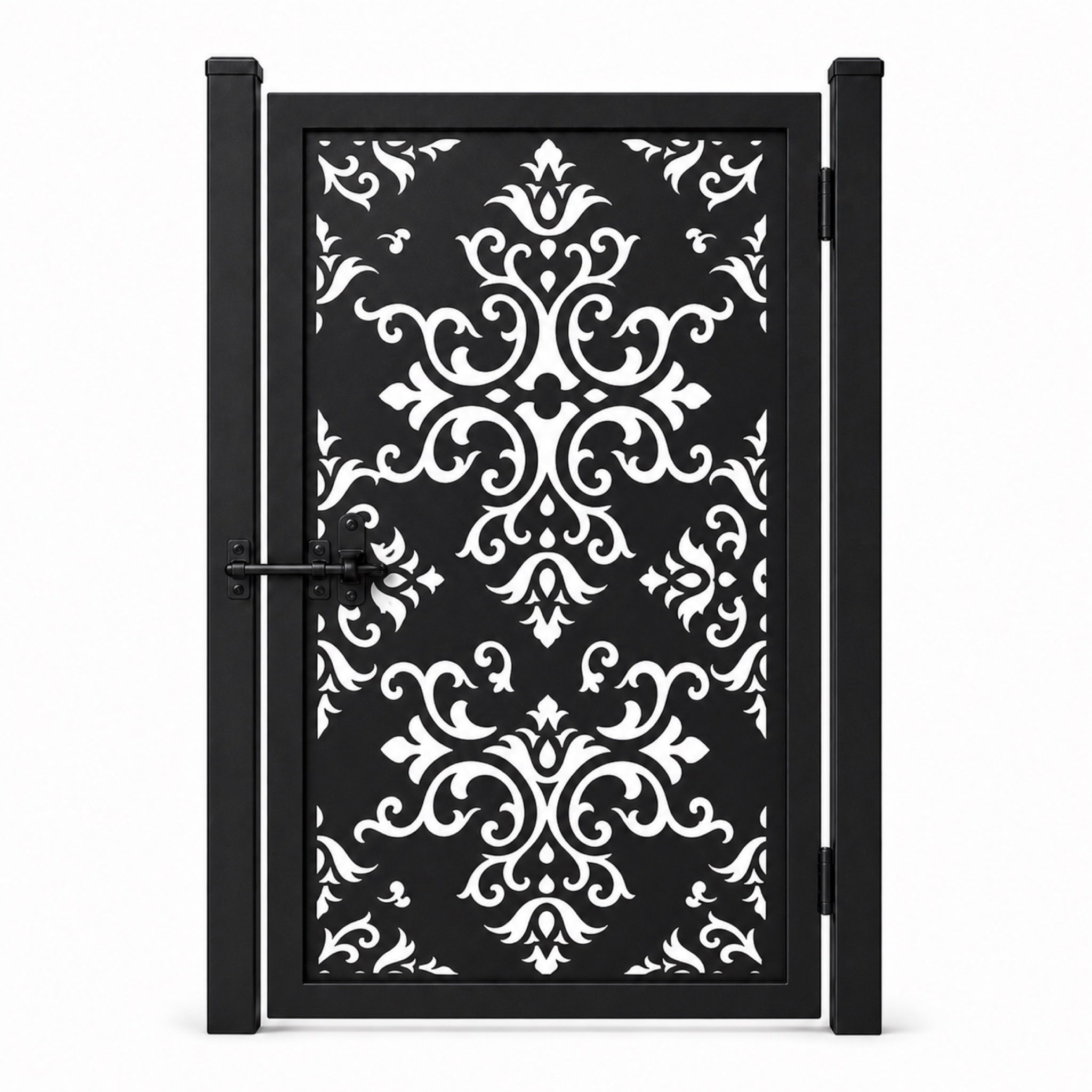 Design 005 european scrollwork black laser cut metal pedestrian gate closed view