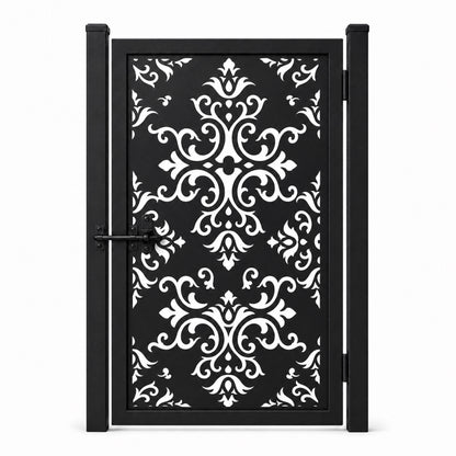 Design 005 european scrollwork black laser cut metal pedestrian gate closed view