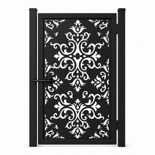 Design 005 european scrollwork black laser cut metal pedestrian gate closed view