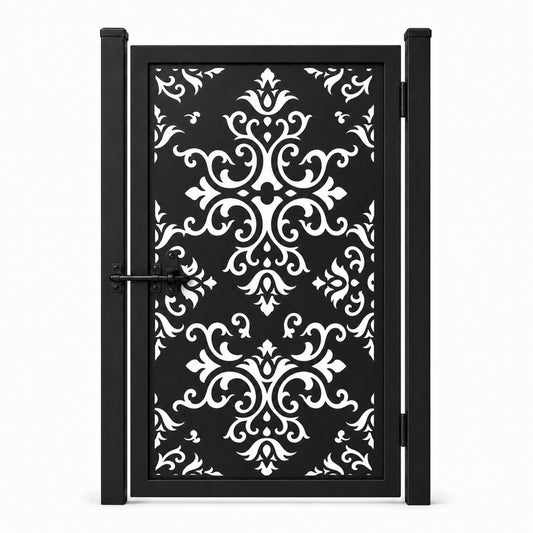 Design 005 european scrollwork black laser cut metal pedestrian gate closed view