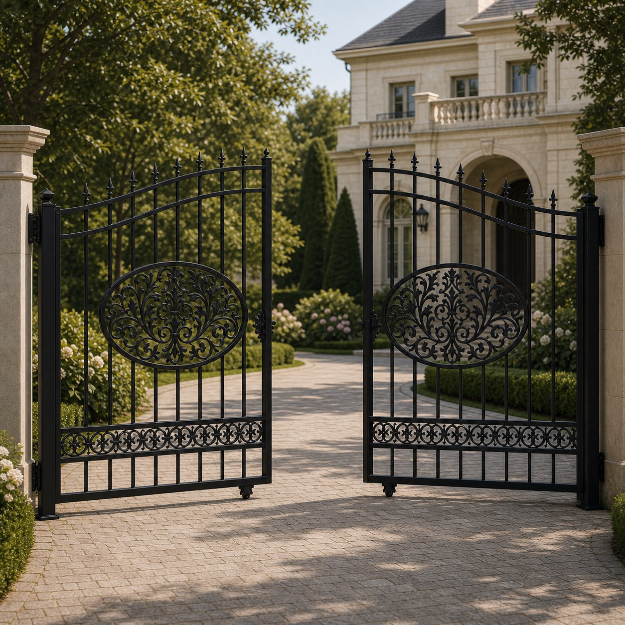 EONE Design 005 luxury estate driveway gate with oval scroll medallions shown 30 degrees open for driveway entry view