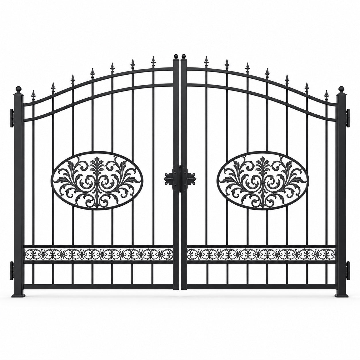 EONE Design 005 luxury estate driveway gate with oval scroll medallions shown as a closed double swing estate driveway gate