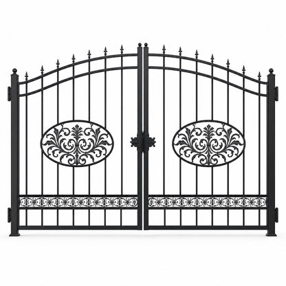 EONE Design 005 luxury estate driveway gate with oval scroll medallions shown as a closed double swing estate driveway gate