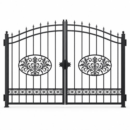 EONE Design 005 luxury estate driveway gate with oval scroll medallions shown as a closed double swing estate driveway gate