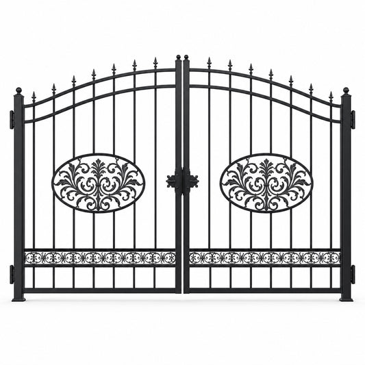EONE Design 005 luxury estate driveway gate with oval scroll medallions shown as a closed double swing estate driveway gate