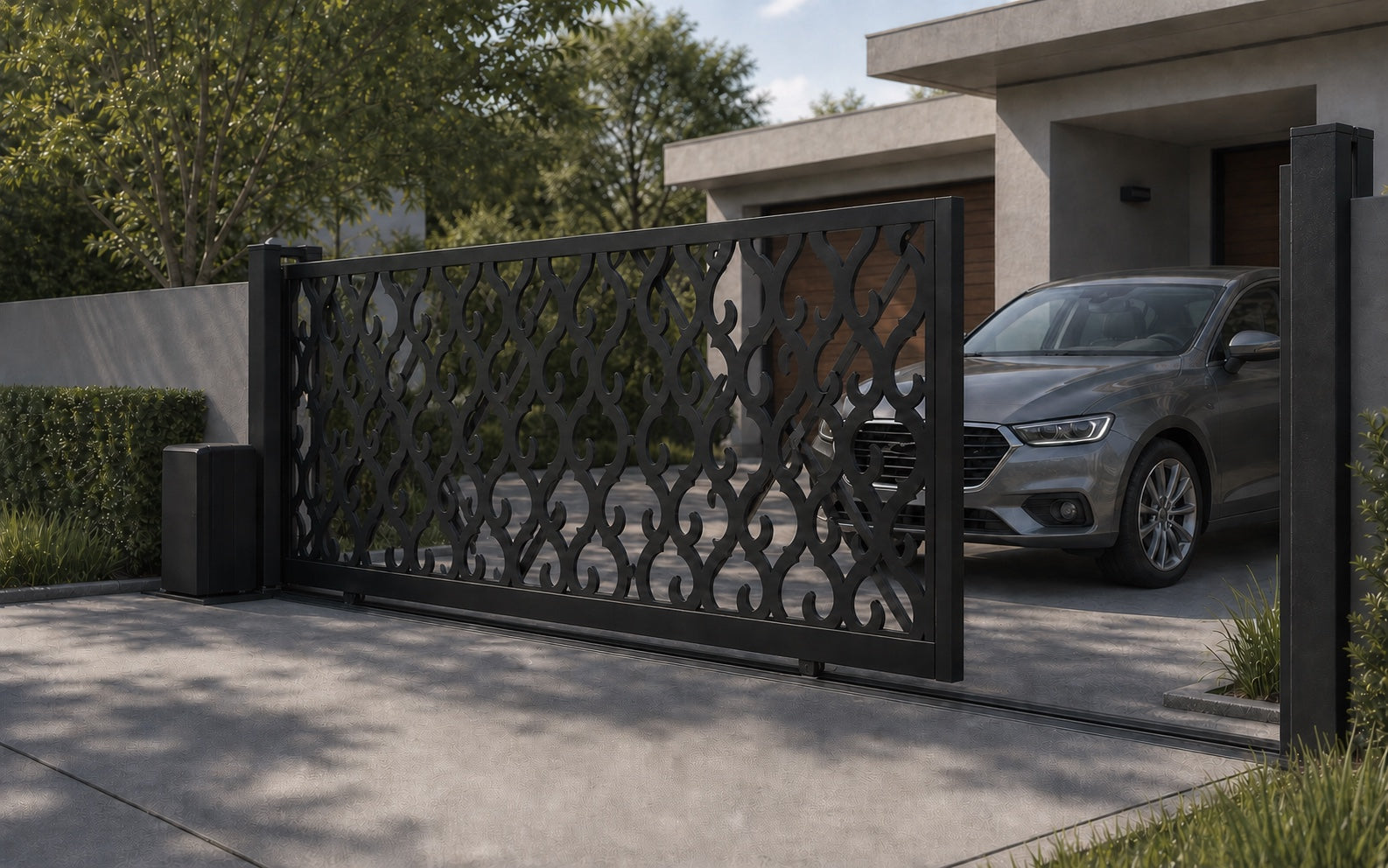 Design 006 decorative metal automatic aluminium sliding driveway gate shown half open with car clearance