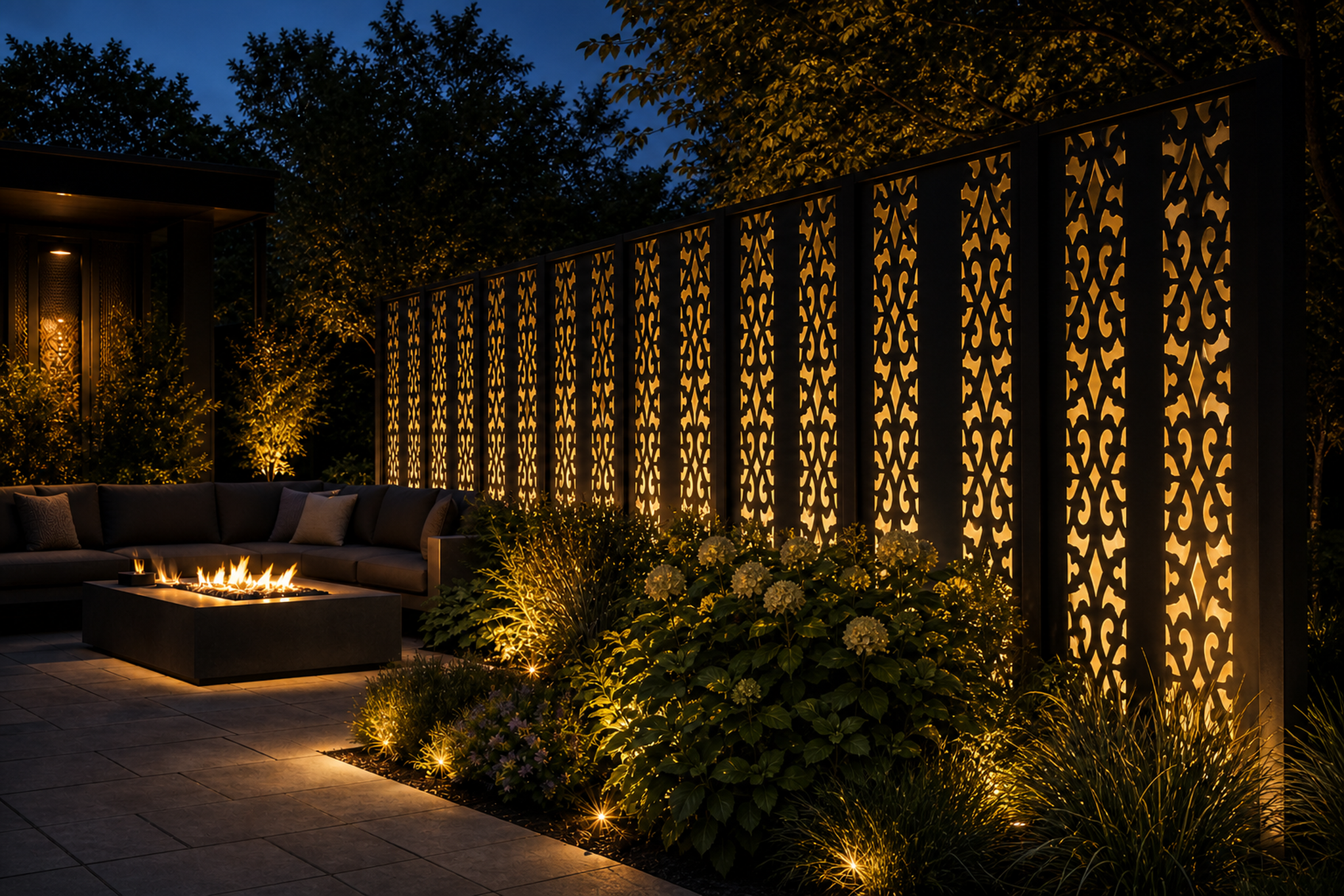 Design 006 Gothic Vine Laser Cut Metal Privacy Screen Panel installed garden night lighting view