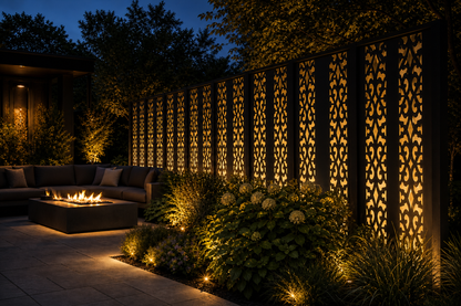 Design 006 Gothic Vine Laser Cut Metal Privacy Screen Panel installed garden night lighting view