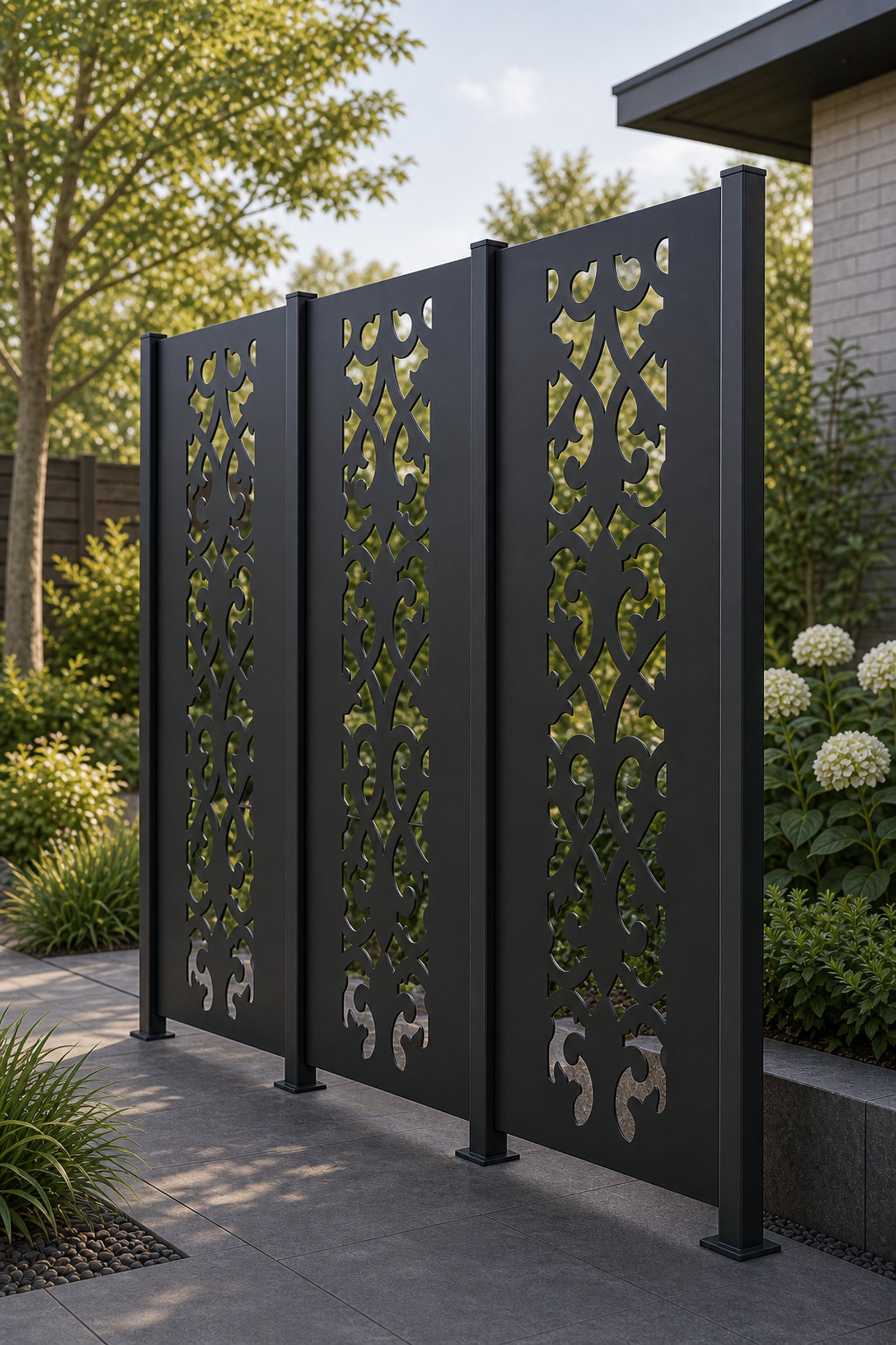Design 006 Gothic Vine Laser Cut Metal Privacy Screen Panel oblique angle view