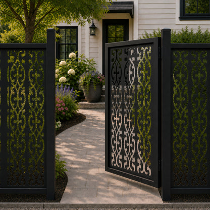Design 006 symmetrical leaf black aluminium side gate open view