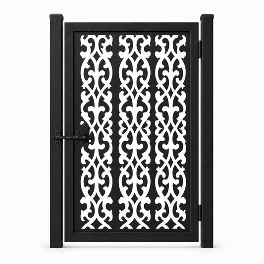Design 006 symmetrical leaf black laser cut metal pedestrian gate closed view