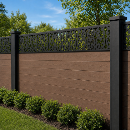 Tiny Blossom Lace laser cut fence extension panel installed on composite fence, angle view, Design 006