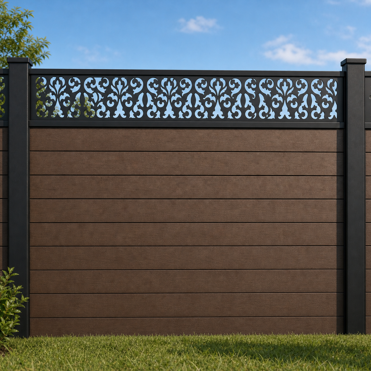 Tiny Blossom Lace metal fence topper installed above WPC composite privacy fence, front view, Design 006