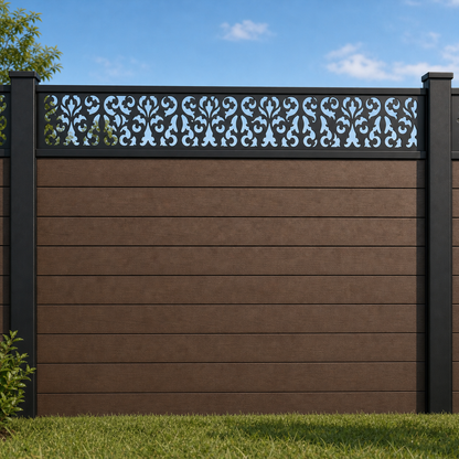 Tiny Blossom Lace metal fence topper installed above WPC composite privacy fence, front view, Design 006