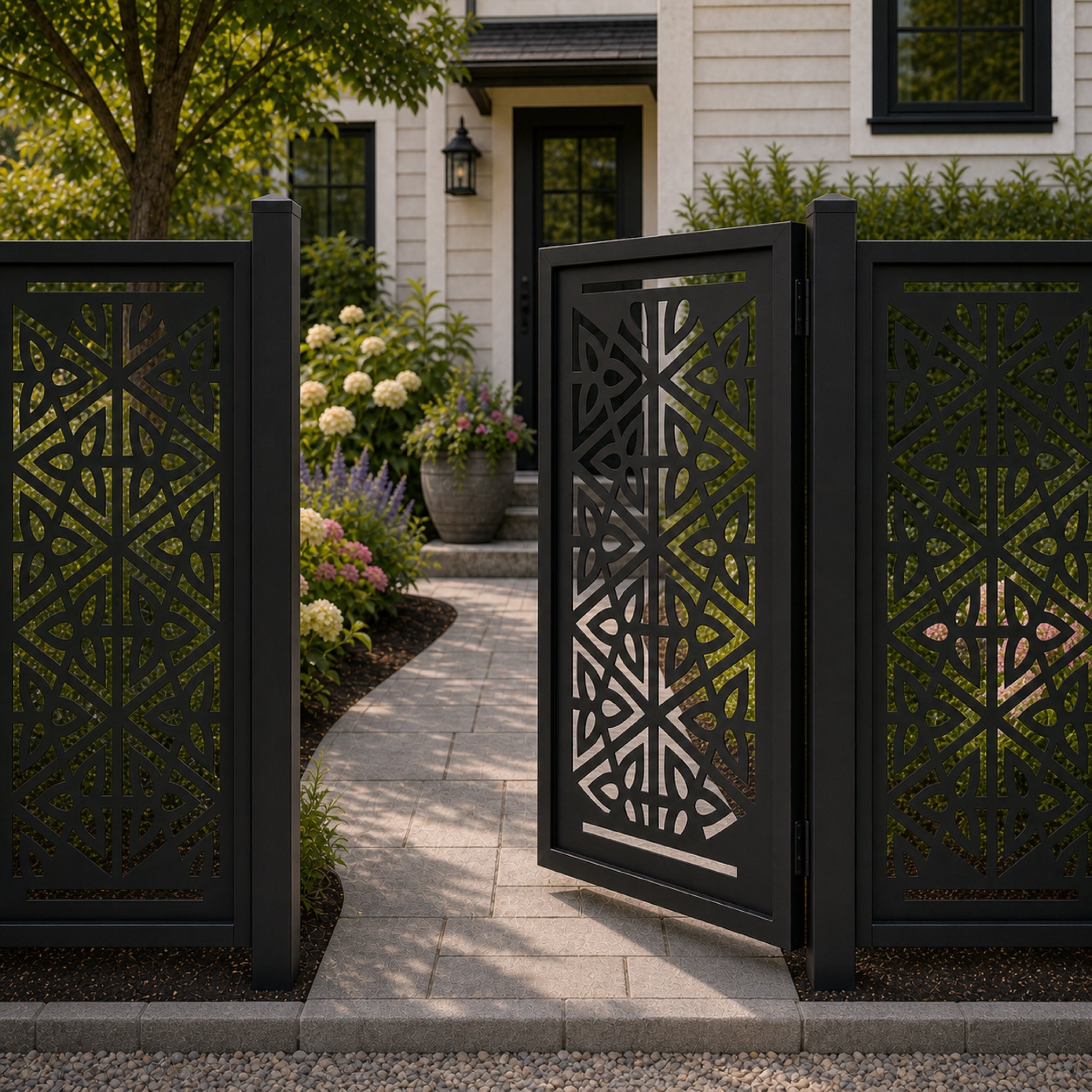 Design 007 geometric radiating leaf black aluminium side gate open view