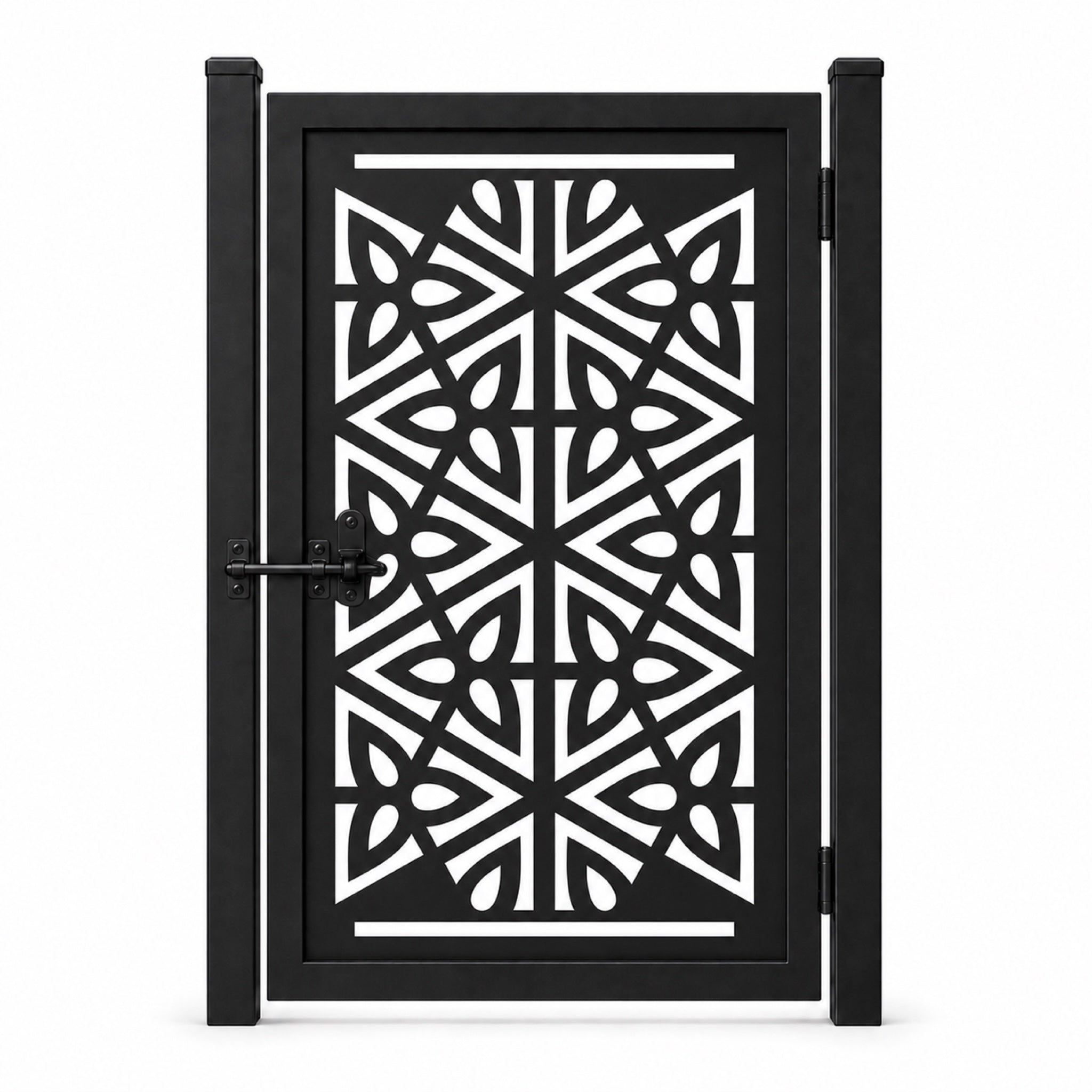 Design 007 geometric radiating leaf black laser cut metal pedestrian gate closed view