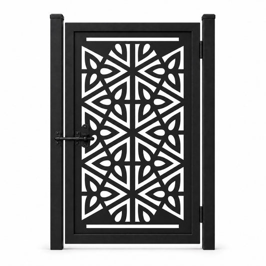 Design 007 geometric radiating leaf black laser cut metal pedestrian gate closed view