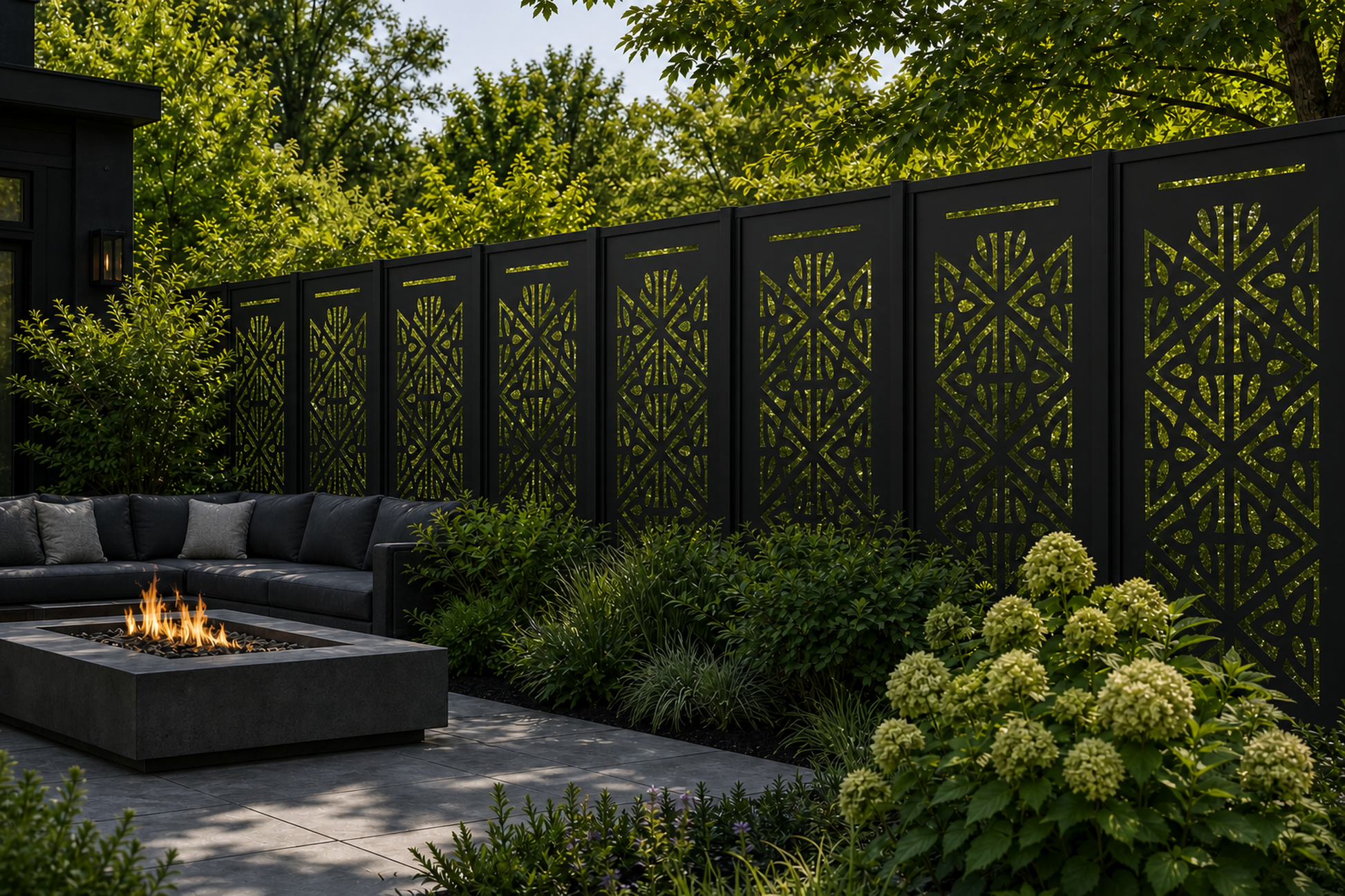 Design 007 Starburst Geometry Laser Cut Metal Privacy Screen Panel installed garden daylight view