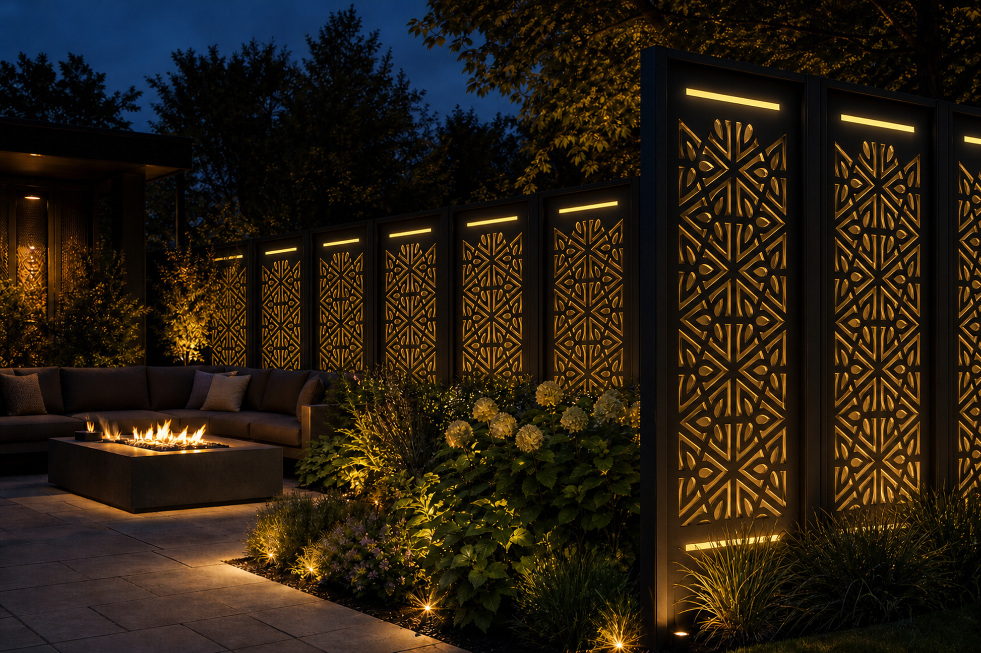 Design 007 Starburst Geometry Laser Cut Metal Privacy Screen Panel installed garden night lighting view