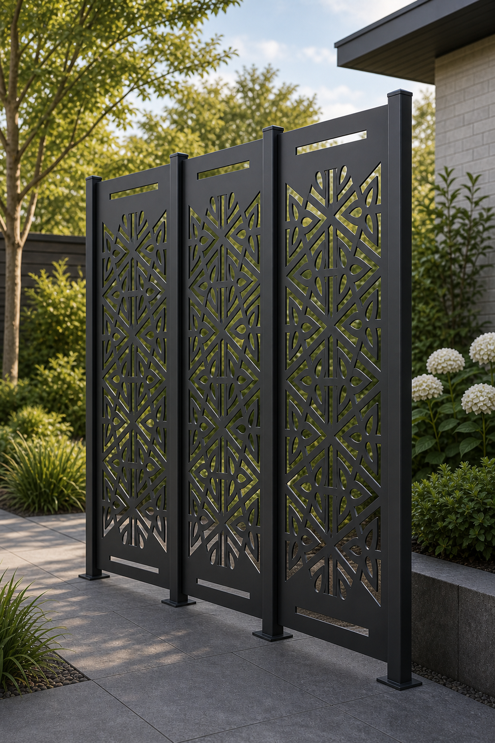 Design 007 Starburst Geometry Laser Cut Metal Privacy Screen Panel oblique angle view