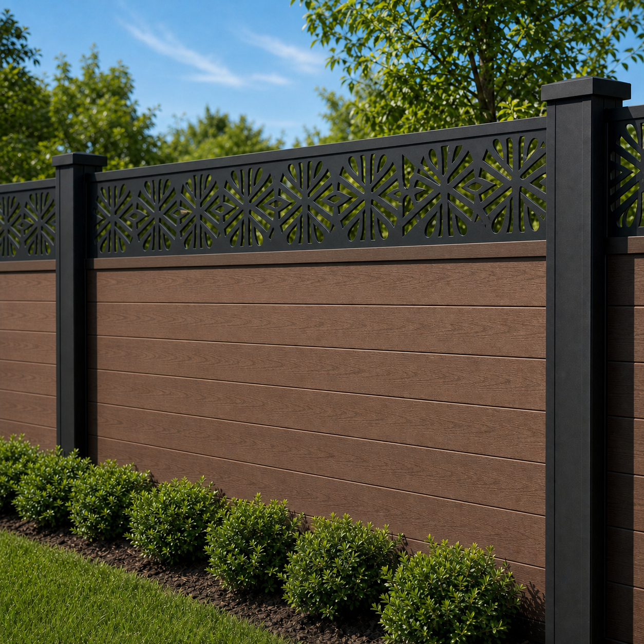 Starburst Lattice laser cut fence extension panel installed on composite fence, angle view, Design 007