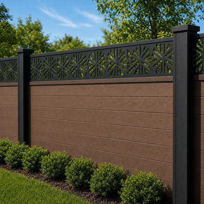 Starburst Lattice laser cut fence extension panel installed on composite fence, angle view, Design 007