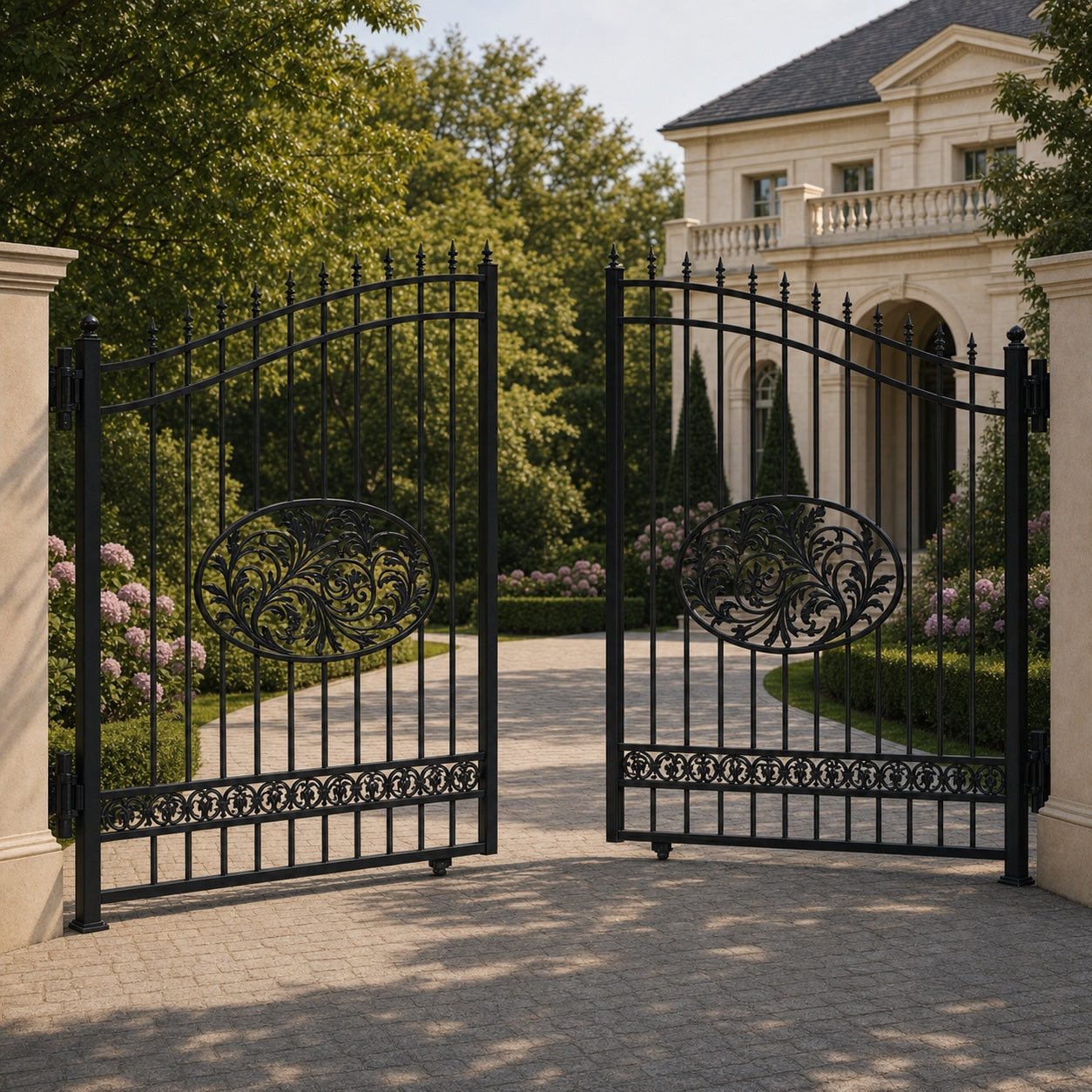EONE Design 008 bell curve arch double swing estate gate shown 30 degrees open for driveway entry view